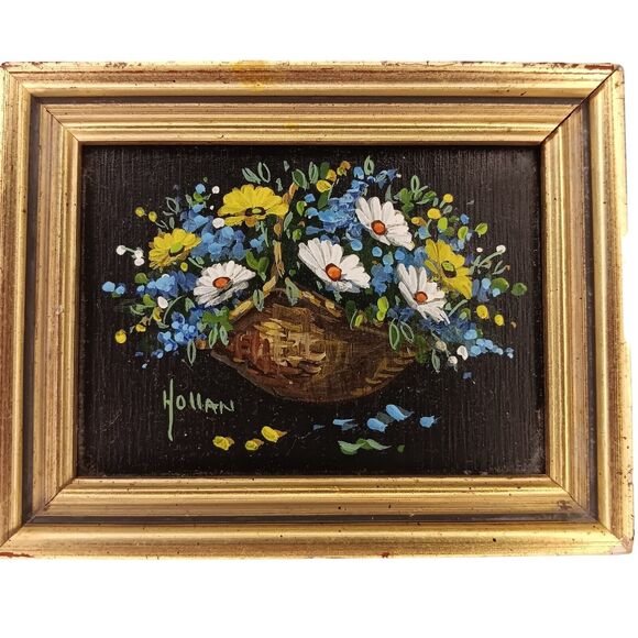 Miniature Oil Painting Daisy Flowers In Wicker Basket Signed Vivian Hollan Swain - Picture 6 of 9